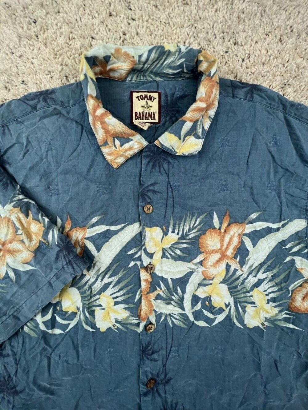 Tommy Bahama SILK Blend Hawaiian Button Up Camp Shirt Luau S/S Large FLORAL Blue